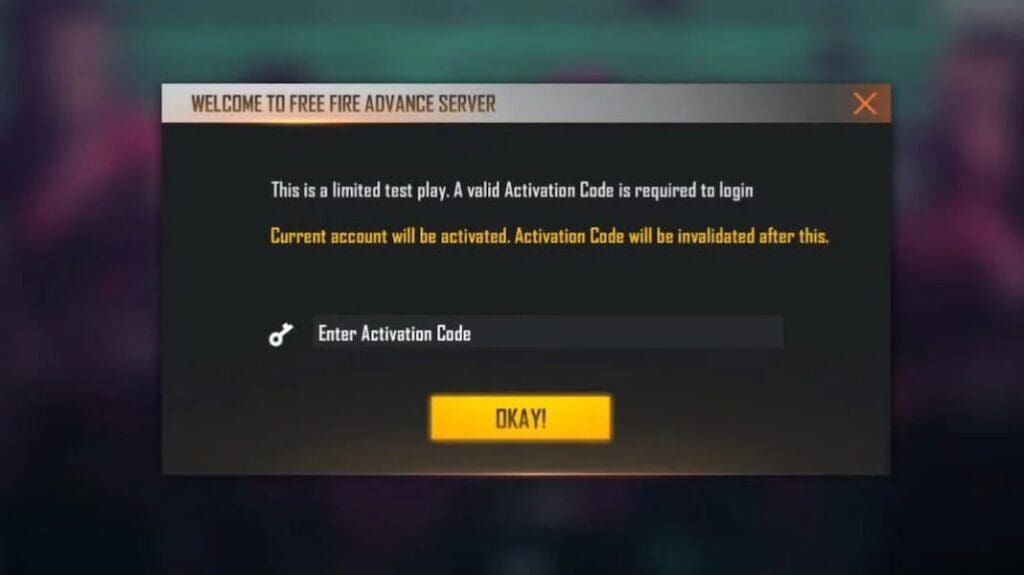 Free Fire Advanced Server Activation Code