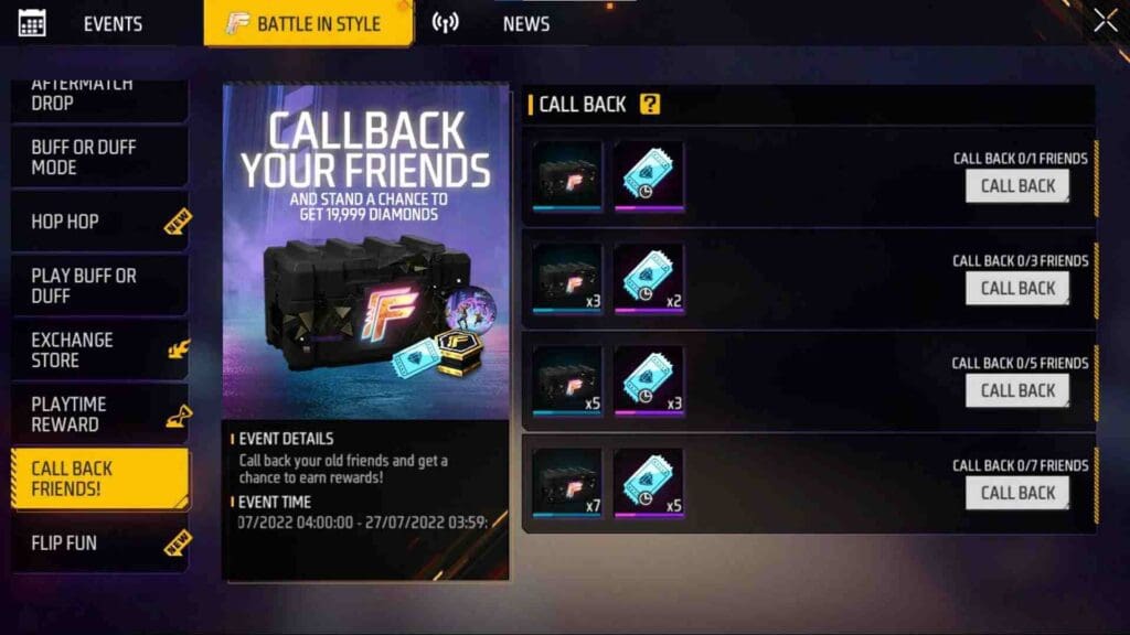 Free Fire MAX Call Back Event