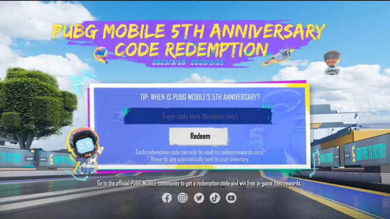 PUBG Mobile 5th Anniversary Code