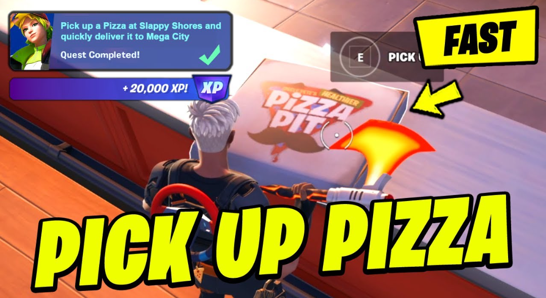 Pick up a pizza at Slappy Shores and quickly deliver it to Mega City Fortnite