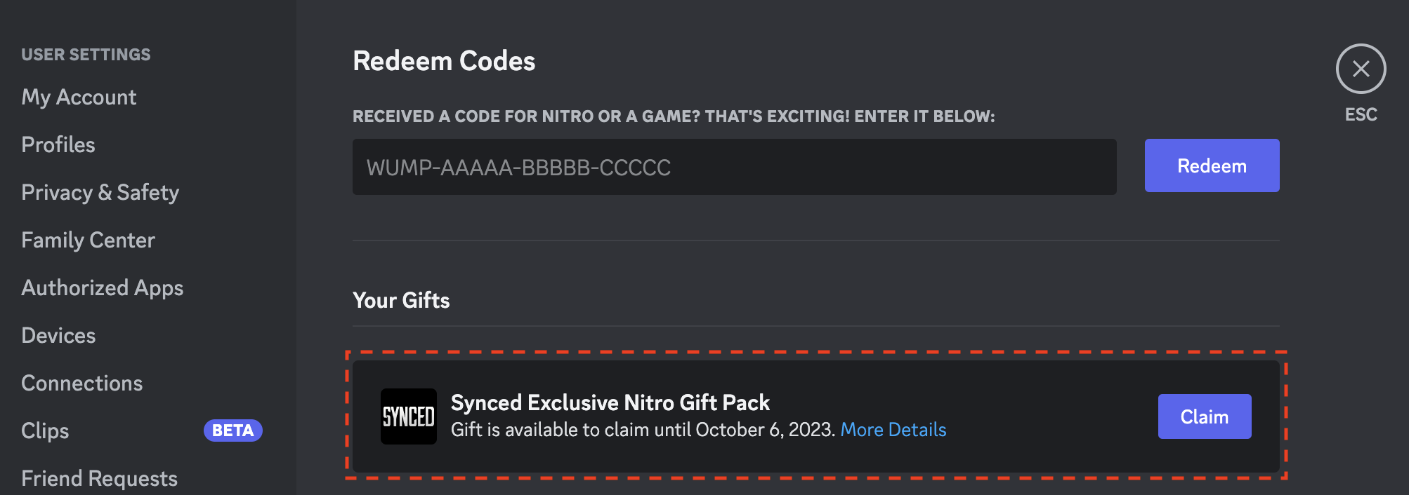 Synced redeem code 